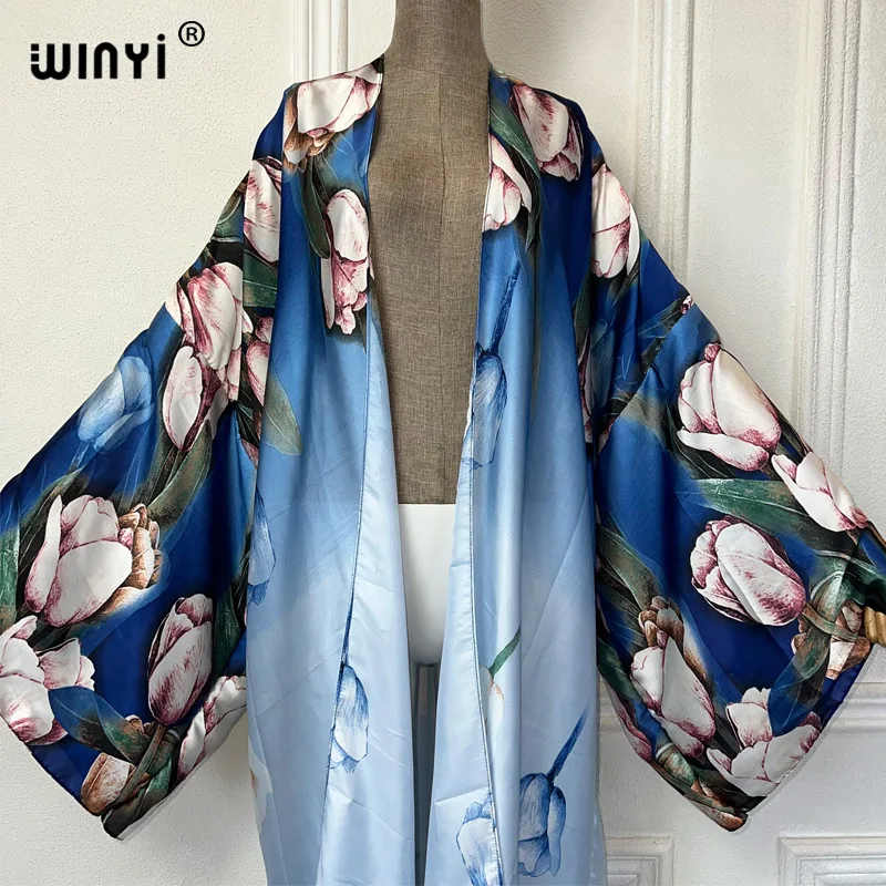 WINYI summer outfit kimono africa Flower print beach cover up free size dress cardigans beach wear women 2024 abaya dubai luxury