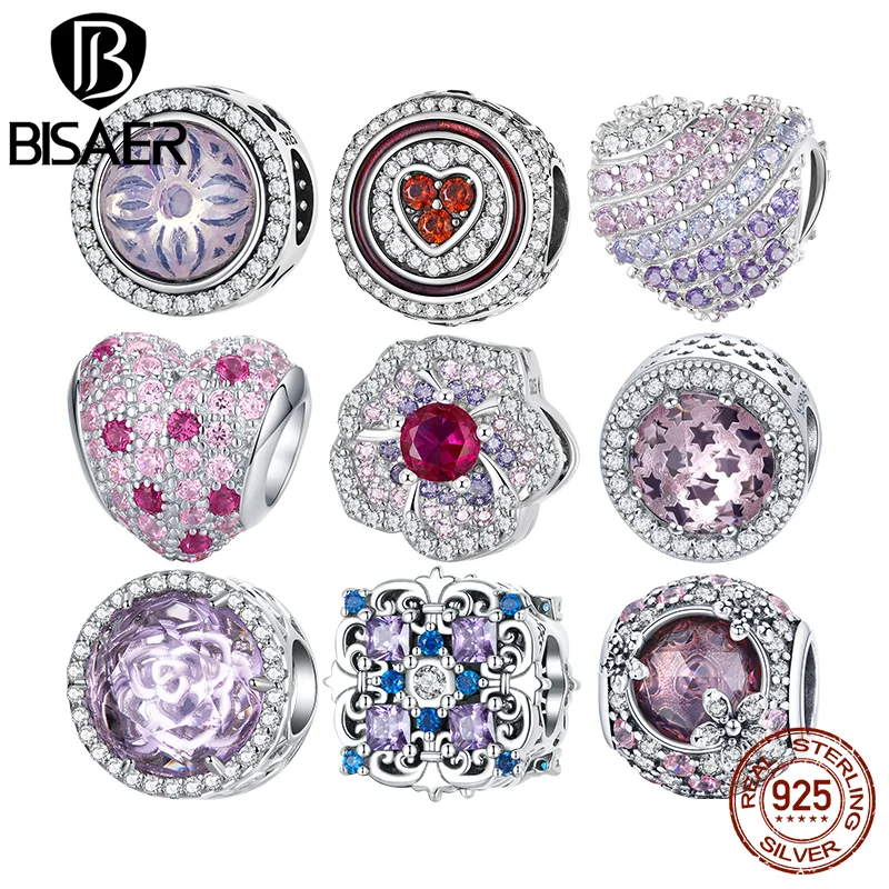 

BISAER 925 Sterling Silver Glass Stone Charms Flower Gradient Heart Pendant Bead Fit DIY Making Bracelet Necklace Jewelry Gift