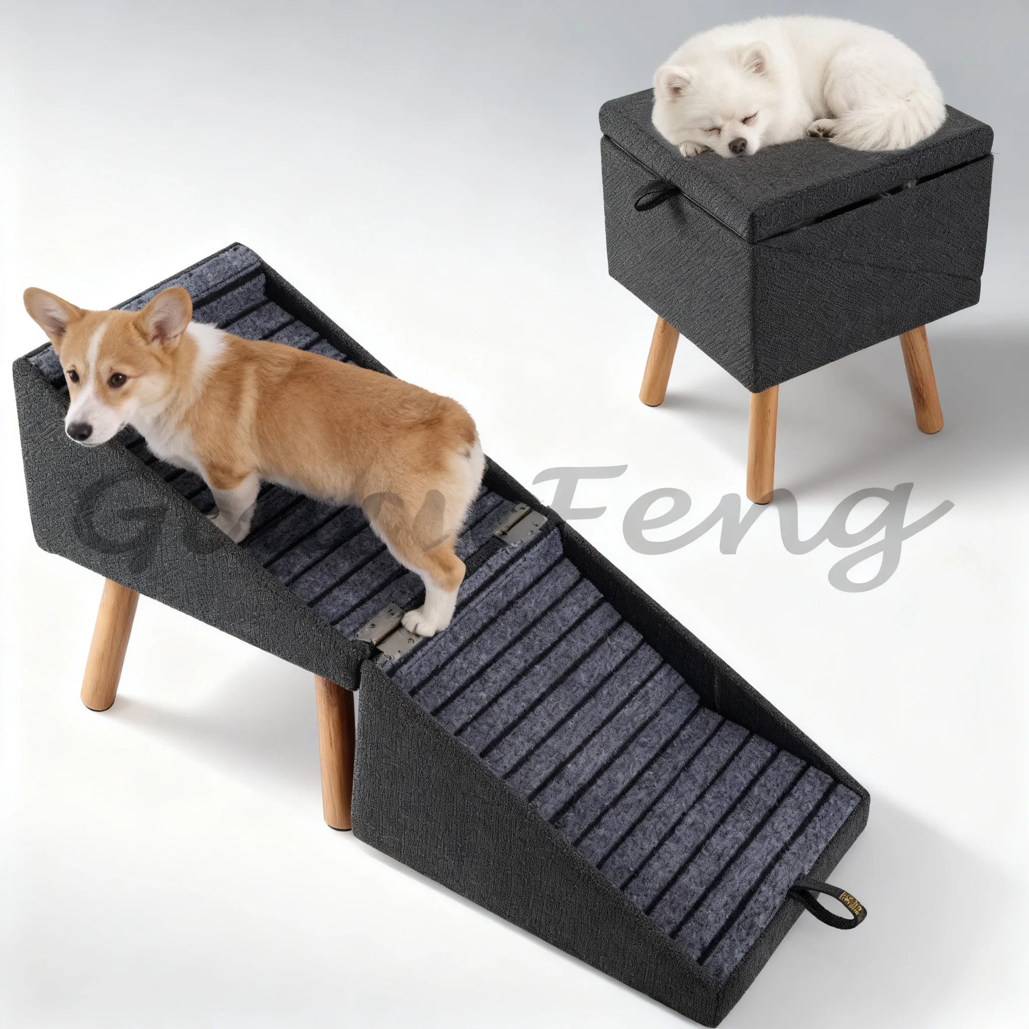 2-In-1 Wooden Dog Stairs Ottoman Removable Foldable Pet Ramps