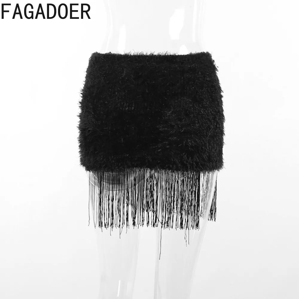 FAGADOER Autumn Fashion Fur Printing Tassels Mini Skirts Black Women High Waist Skinny Skirts Y2K Female Party Nightclub Clothes