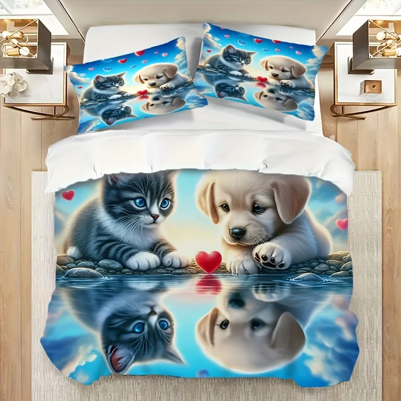 Warm and Cute Cat and Dog Romantic Couple Theme Pattern Bedding Set, Machine Washable, Including 1 Duvet Cover + 1/2pillowcases