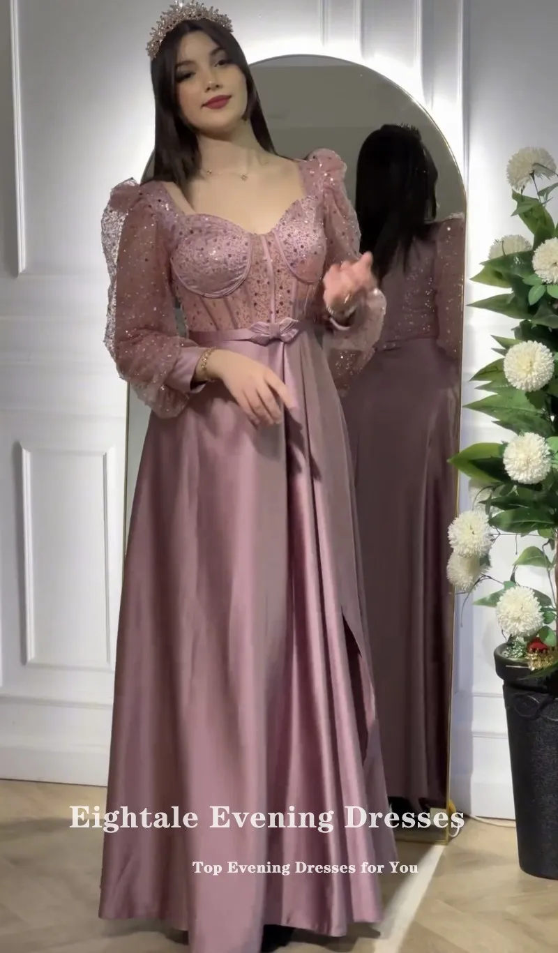 Eightale Elegant Evening Dresses Shiny Sequin Long Sleeves A-Line Prom Party Gown Dusty Pink Arabic Wedding Vestidos De Fiesta