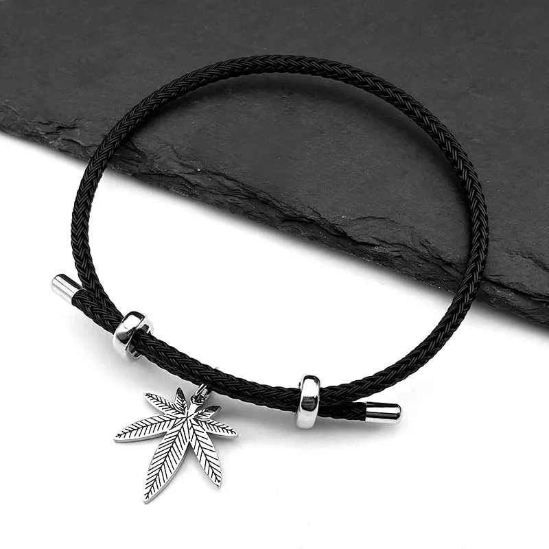 

Hemp Leaf Black Enamel Pendant Bracelet for Women Men Stainless Steel Silver Color Plant Steel Wire Rope Hand Chain Jewelry Gift