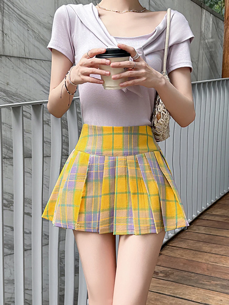 High Waist Women's Vintage Plaid Pleated Mini Skirt With Side Split Summer School Style Sweet Cute Short JK Skirts Yellow
