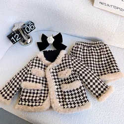 2024 Winter Infant Baby Girl Two-piece Clothes Set Cotton Padded Checkboard Coat Suit Elastic Waist Plaid Skirt Kid Girl Outfits