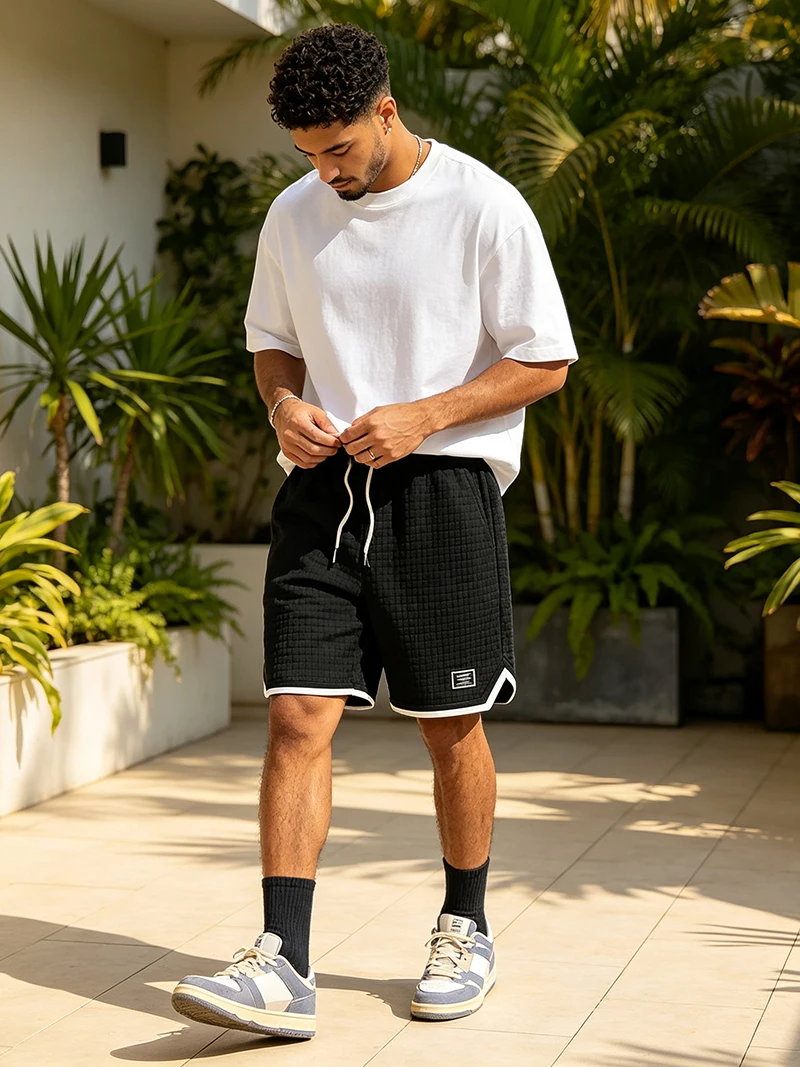 Herren Bubble-Waffel-Karo-Shorts, entspannte Passform, Kordelzug in der Taille, Kontrastbesatz, sommerliche Freizeitkleidung, sportliche Streetwear mit Taschen – Detail 14