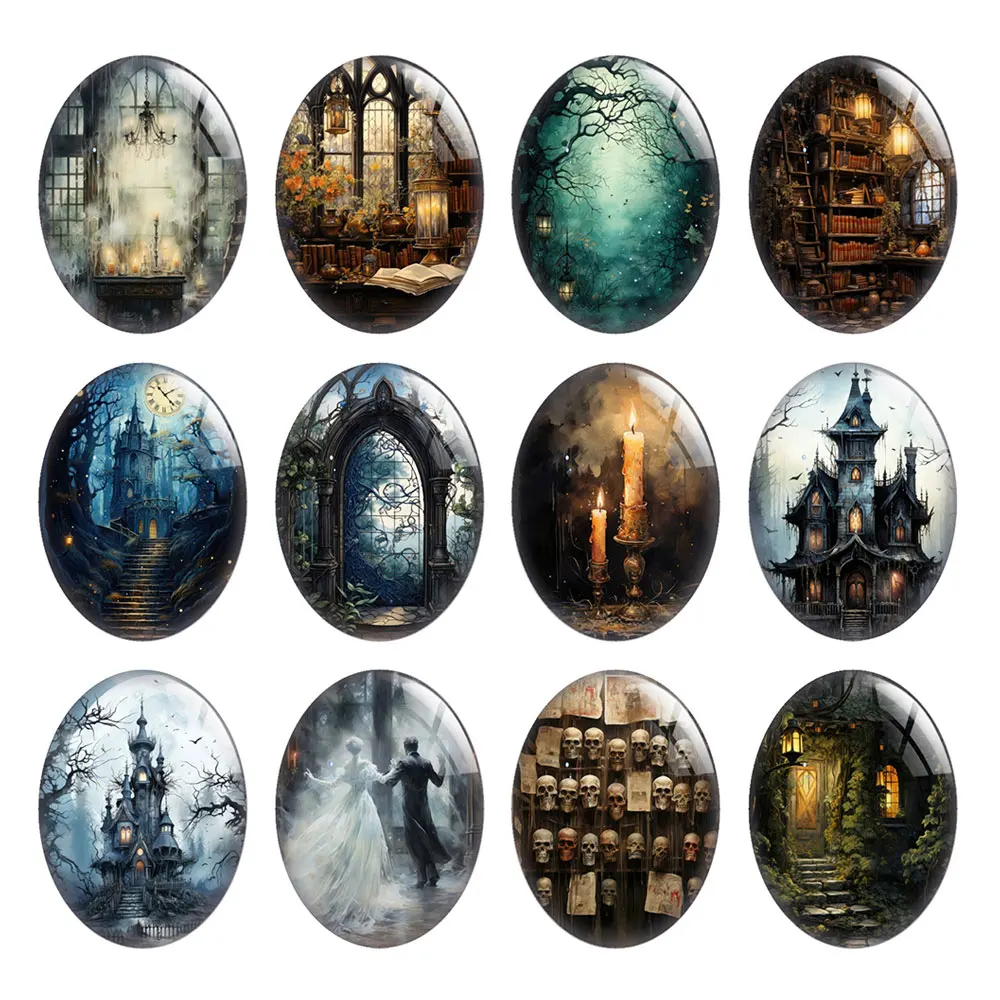 10pcs/lot Halloween Horror Gothic Dark Skull Hunting House Oval Photo Glass Cabochon Flatback Demo Cameo Diy Jewelry Making