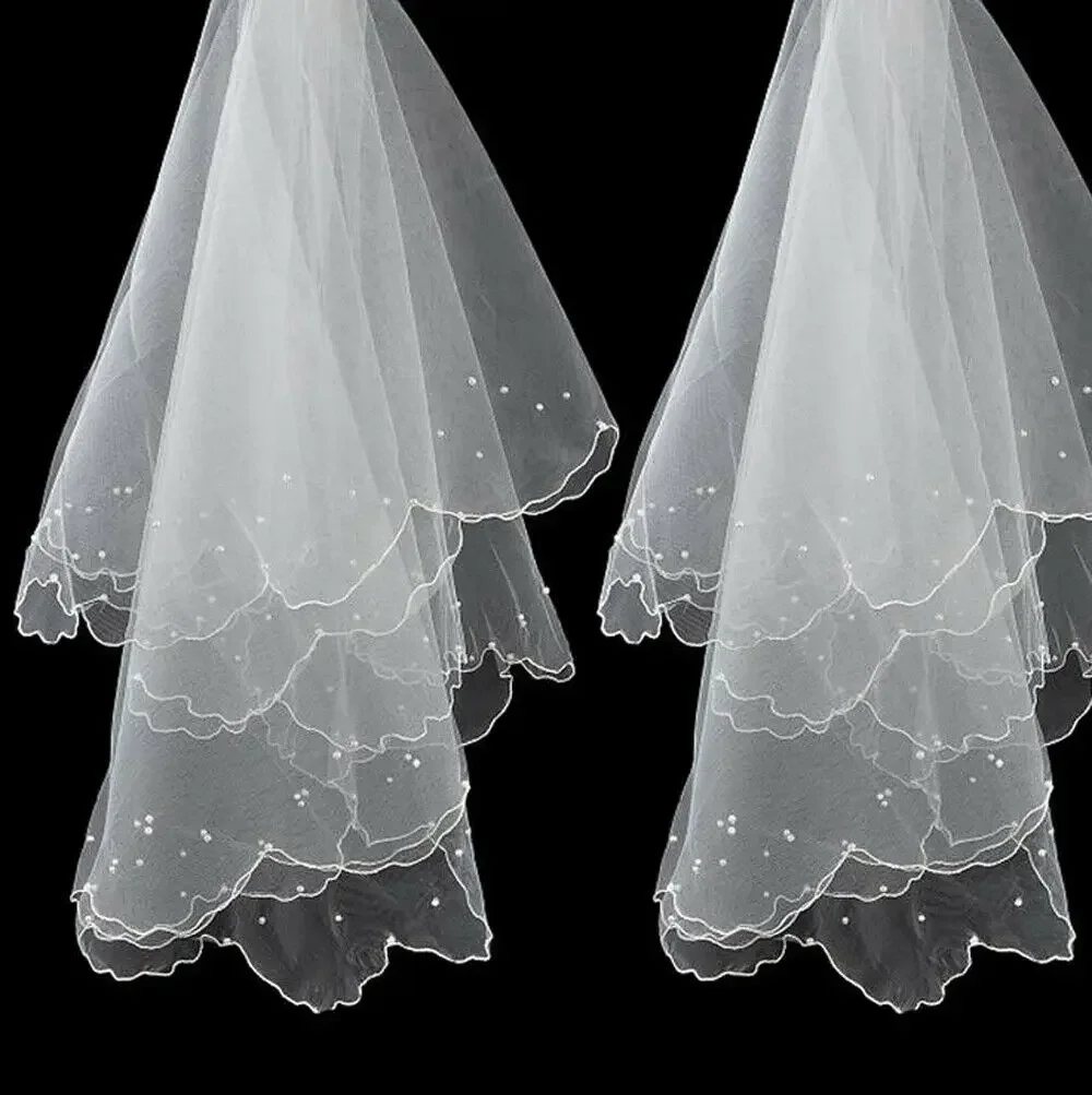 White 1T Wedding Bridal Veil Handmade DIY Fabric  Beads Pearl