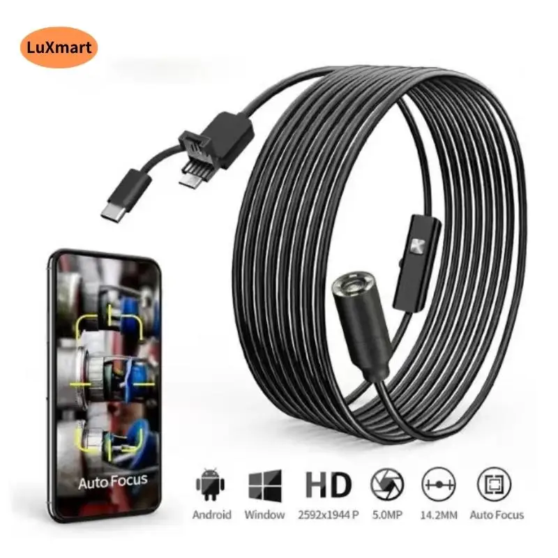 12mm Auto Focus 5MP USB Endoscope Camera 1944P Winter Ice Fishing Finder Tool Waterproof Inspection Borescope Android PC