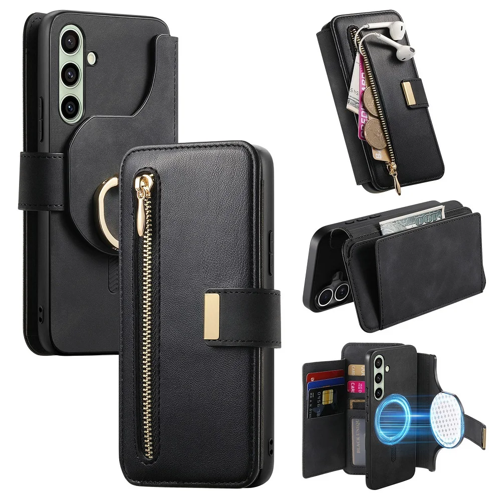 

For Samsung Galaxy S24 Fe Case Flip Cover Leather Card slot Detachable Zipper Wallet Stand With Magsafe Anti-theft brush Coque