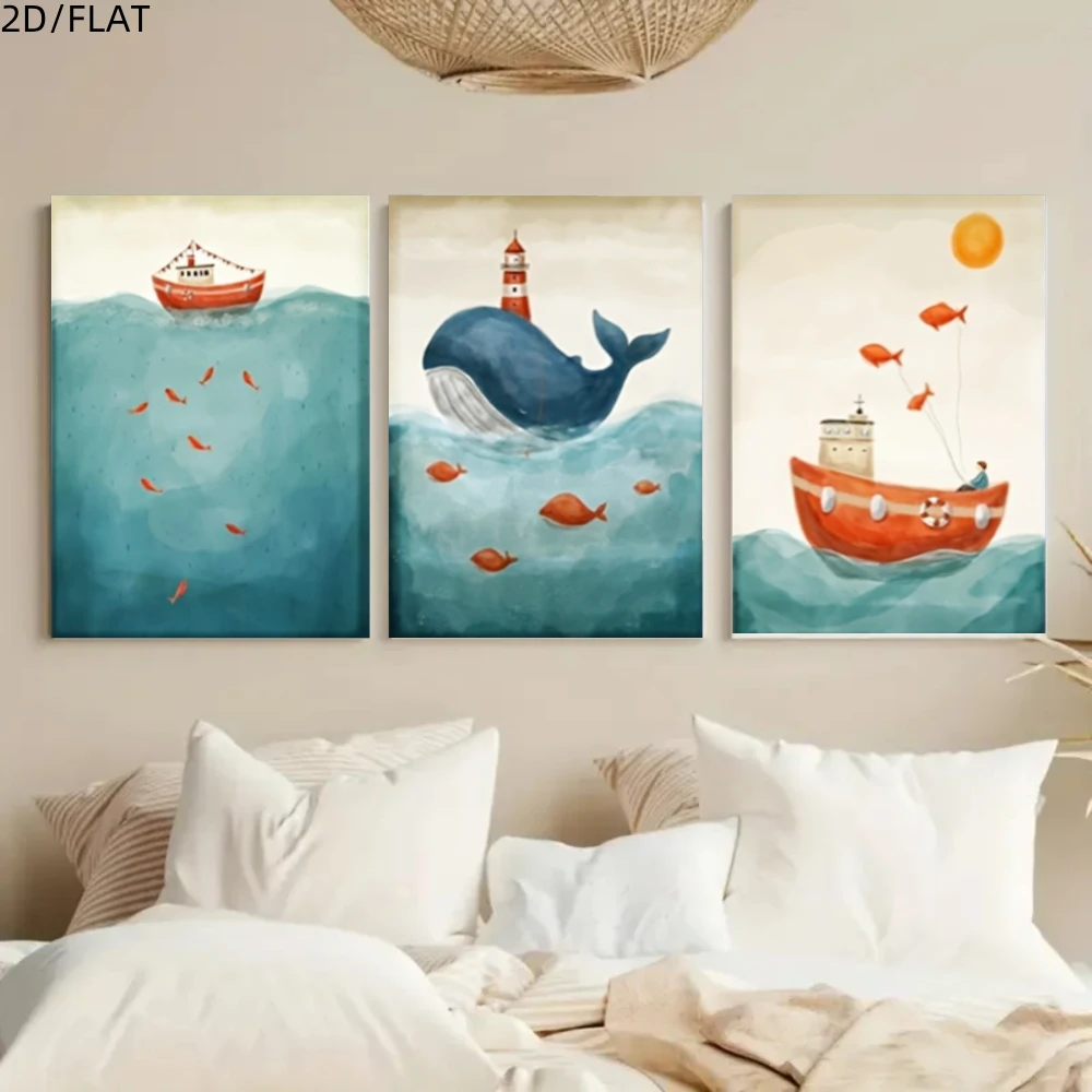 Nordic 3‑Piece Framed Wall Hanging, Textured Canvas Print of Ocean Whale Lighthouse & Fishing Boat, Wall Art for Headboard