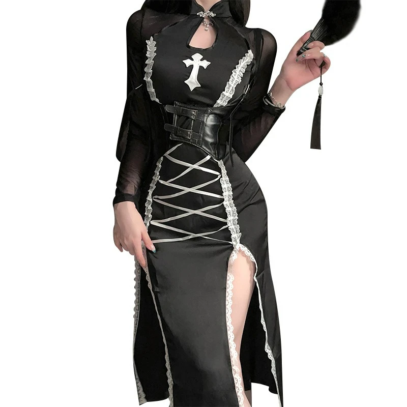 

Хэллоуин сексуальное нижнее белье монахини костюм Хэллоуин тематическая вечерние форма искушение с крестообразным узором сексуальное искушение униформа горничной