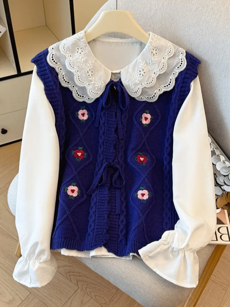 

Embroidered Long Sve Knitted Vest Top with Belt Self-Preserving Design Girl's Collar Two-Piece Set Original Design Straigh...