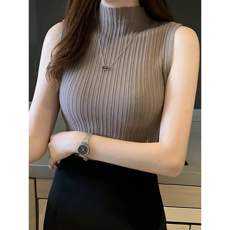 2024 Summer Turtleneck Ribbed Tank Tops Women Camisole Sleeveless Slim Female Stripe Croped Vest Casual Solid Camis Top