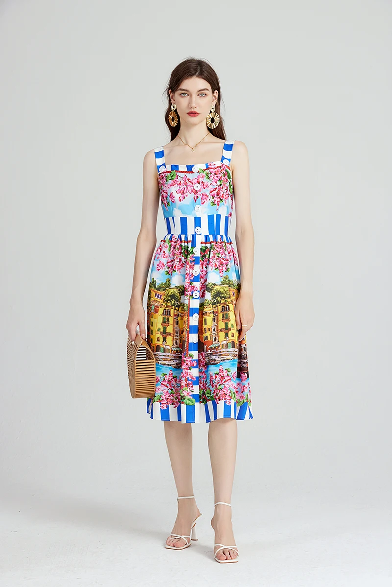 High Quality Summer Women Fashion Runway Midi Dress Square Collar Spaghetti Strap Multicolor Printed Beach Holiday Dresses N582