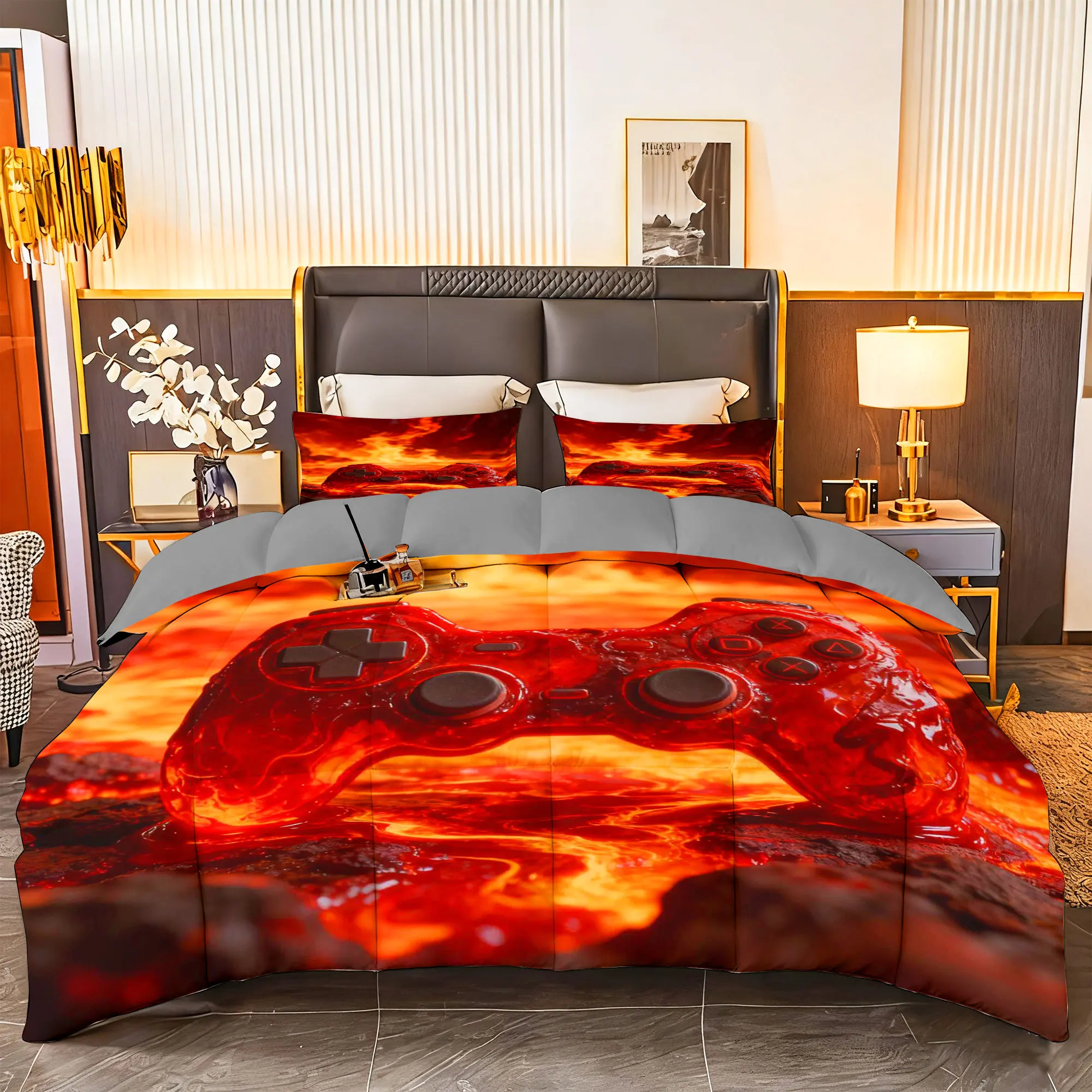 طقم سرير لحاف ألعاب مكون من 3 قطع - قطعة واحدة + 2 قطعة سادات ناعمة قابلة للتنفس للديكور المنزلي (Gamepad 02)