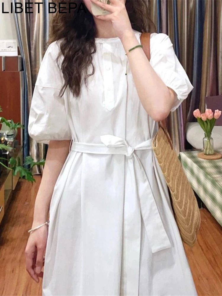 DR2525 New 2024 Korean Fashion Lace Up Chic Vintage High Waist Elegant Lady Oversized Women's Spring Summer Long Shirt Dresses