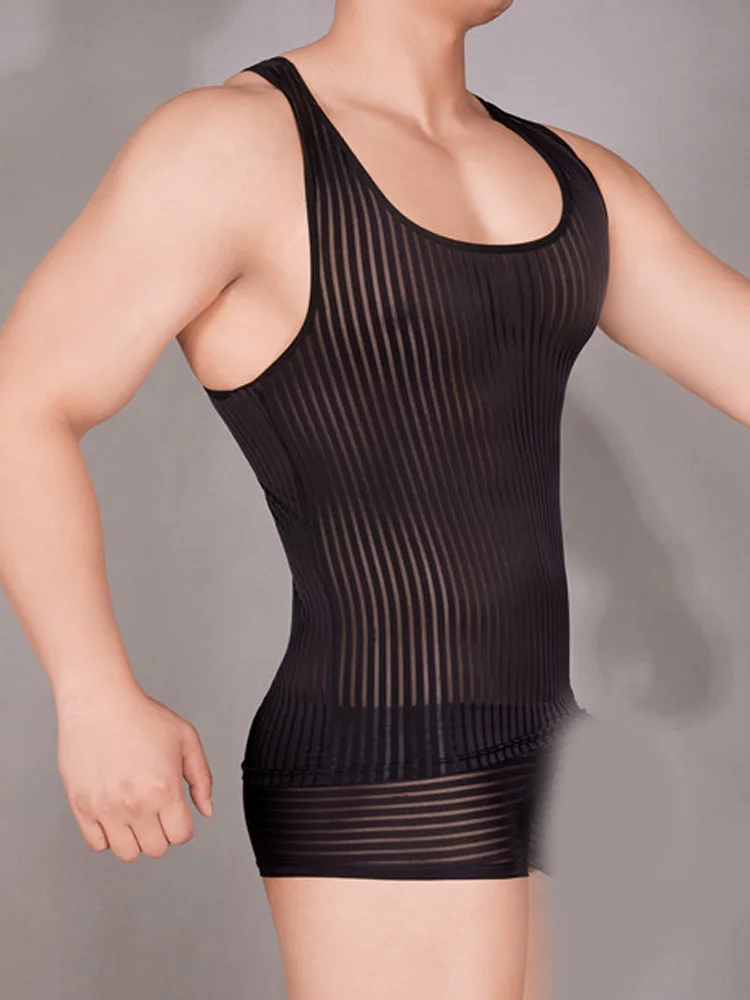 

Sexy Men Stripe Sheer See Through Vest Elastic Tank Tops Sport Yoga Outfits Fitness Tops Summer Shapewear Gay Wear