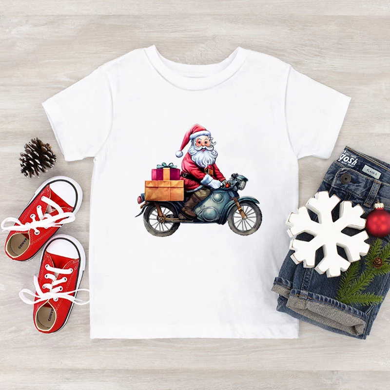 2025 New Christmas T-shirt Santa Claus Riding A Motorcycle Print Kids T Shirt Fashion Short Sleeve Xmas Gift Streetwear Tshirt