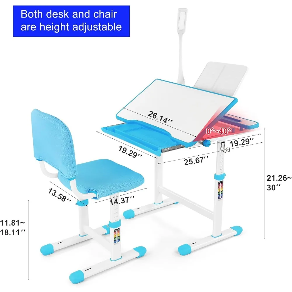 Kids Study Desk and Chair Set Height Adjustable Children School Table Large Writing Board Desk with LED Lamp Pull Out Drawer