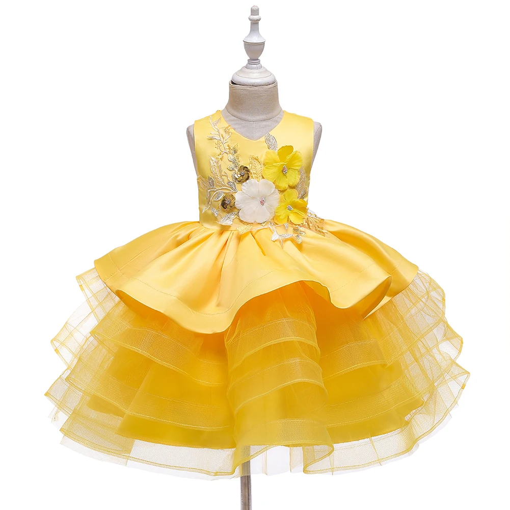 For 0 to 6 Year Yellow Girl\'s Dress Fluffy Child Mesh Kids Dress Performance Christmas Dress