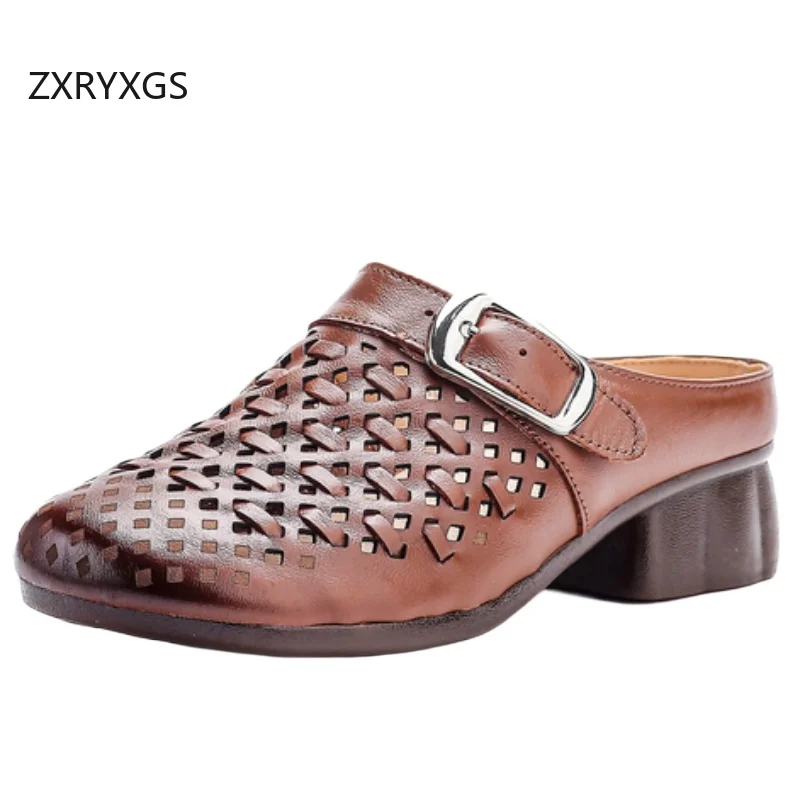 ZXRYXGS Promotion Top Layer Cowhide Leather Slippers Flat 2026 New Summer Round Toe Hollow Outerwear Slippers Women's Slippers