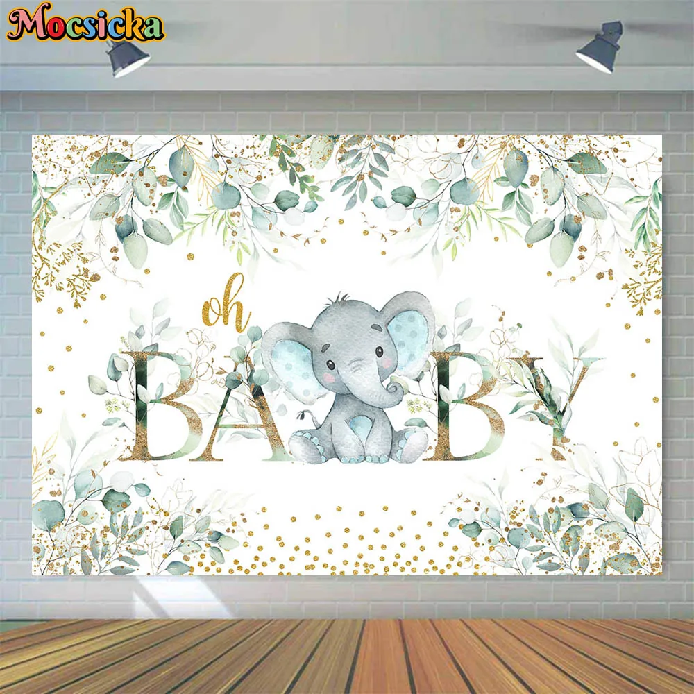 

Mocsicka Baby Shower Backdrop Oh Baby Elephant Gold Dots Leaves Newborn Christening Photography Background Photocall Party Decor