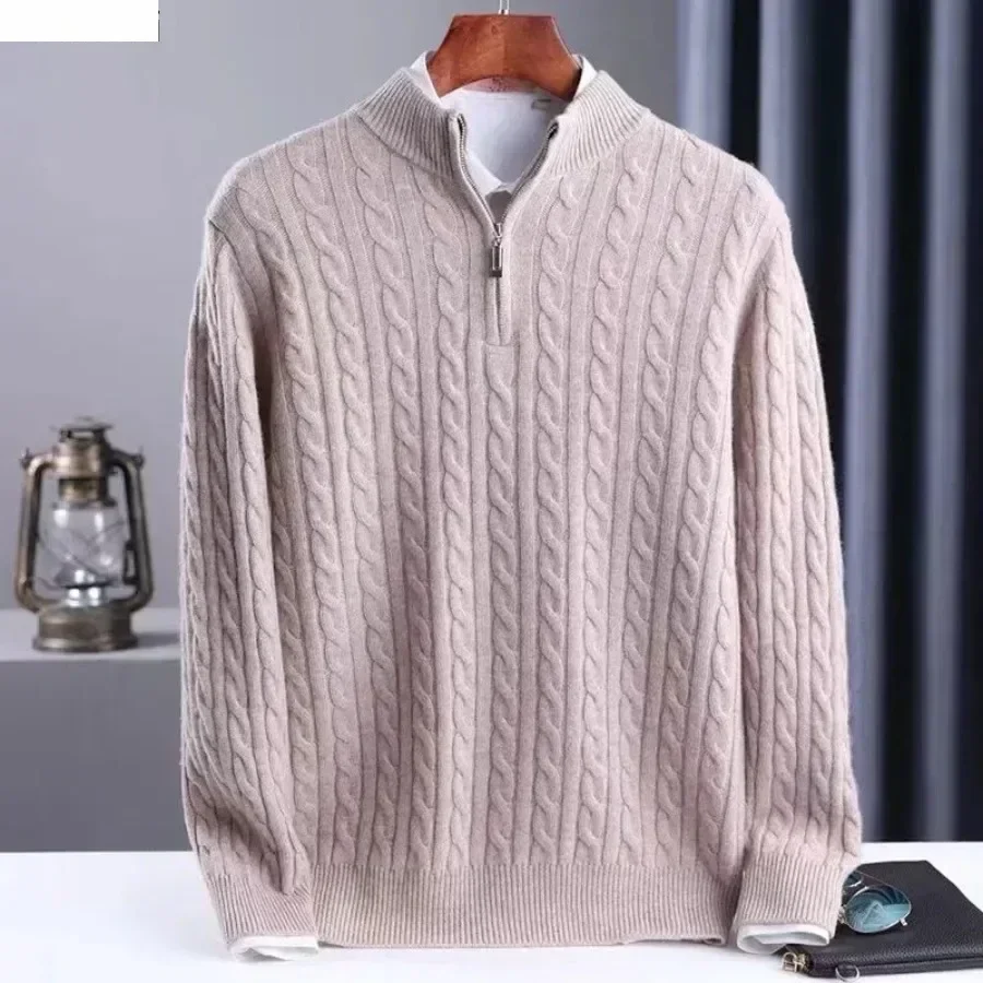 

Men's Warm Knitted Sweaters Autumn Winter Standing Neck Zipper Warm Tops Solid Jacquard Long Sleeve Knitted Pullovers Men
