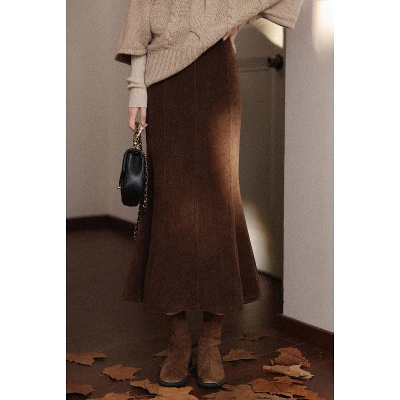 

ALXNAN Brown Skirts 2025 Autumn Winter Thickened Slim-fit Large Hem Fishtail Skirts New Elegant Temperament Long Skirts L58283