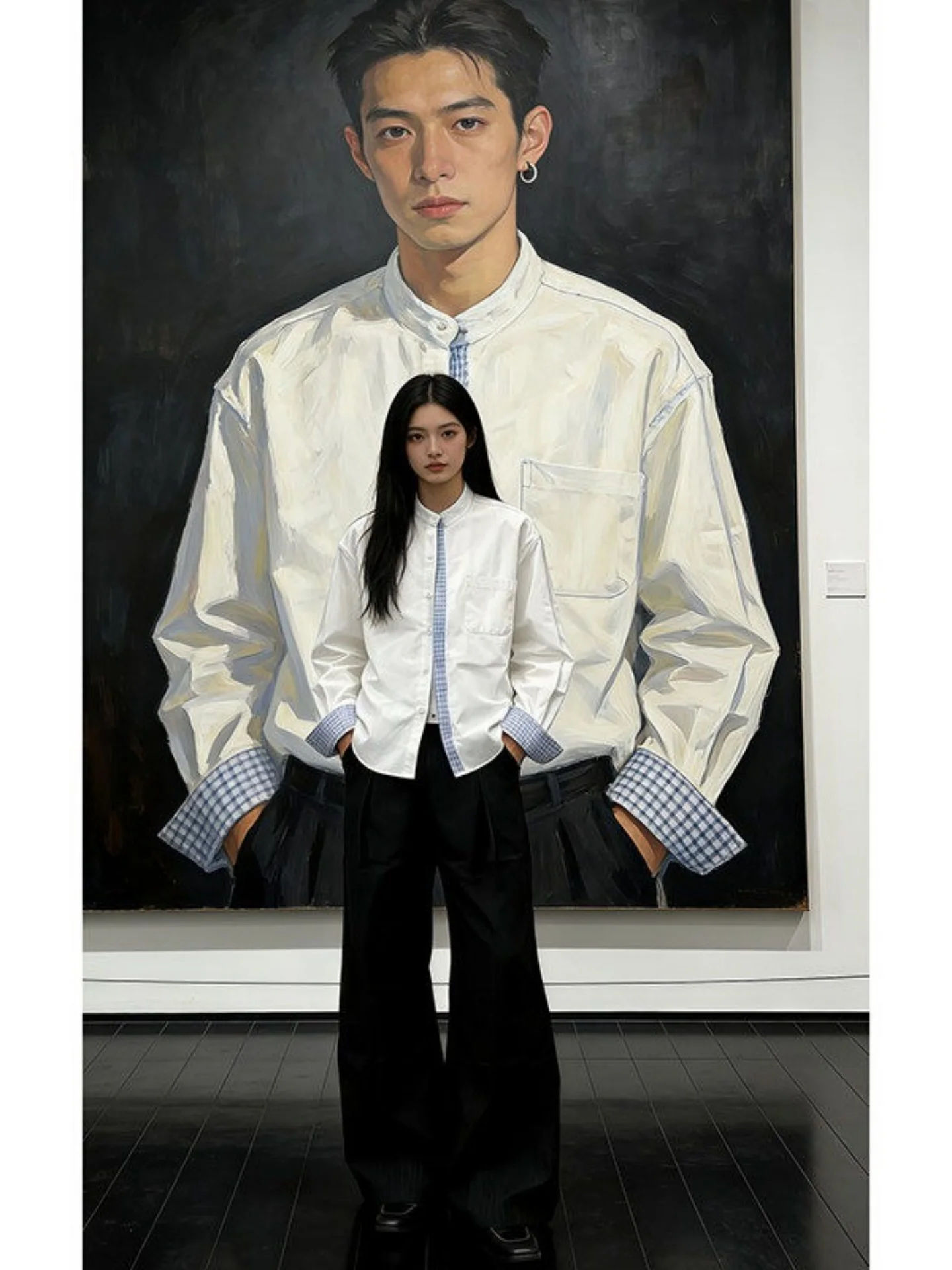 White Long Sleeve Plaid Shirt Men's Autumn Korean Style High Sensation Inner Commute Cleanfit Stand Collar Button up Casual P...