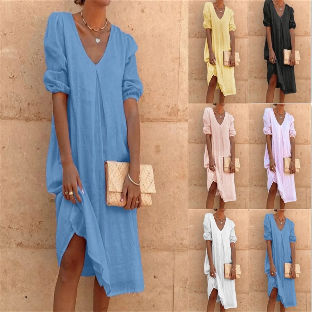 

2025 Europe and the United States cotton hemp simple solid color V-neck fashion long-sleeved long casual loose mid-long dress