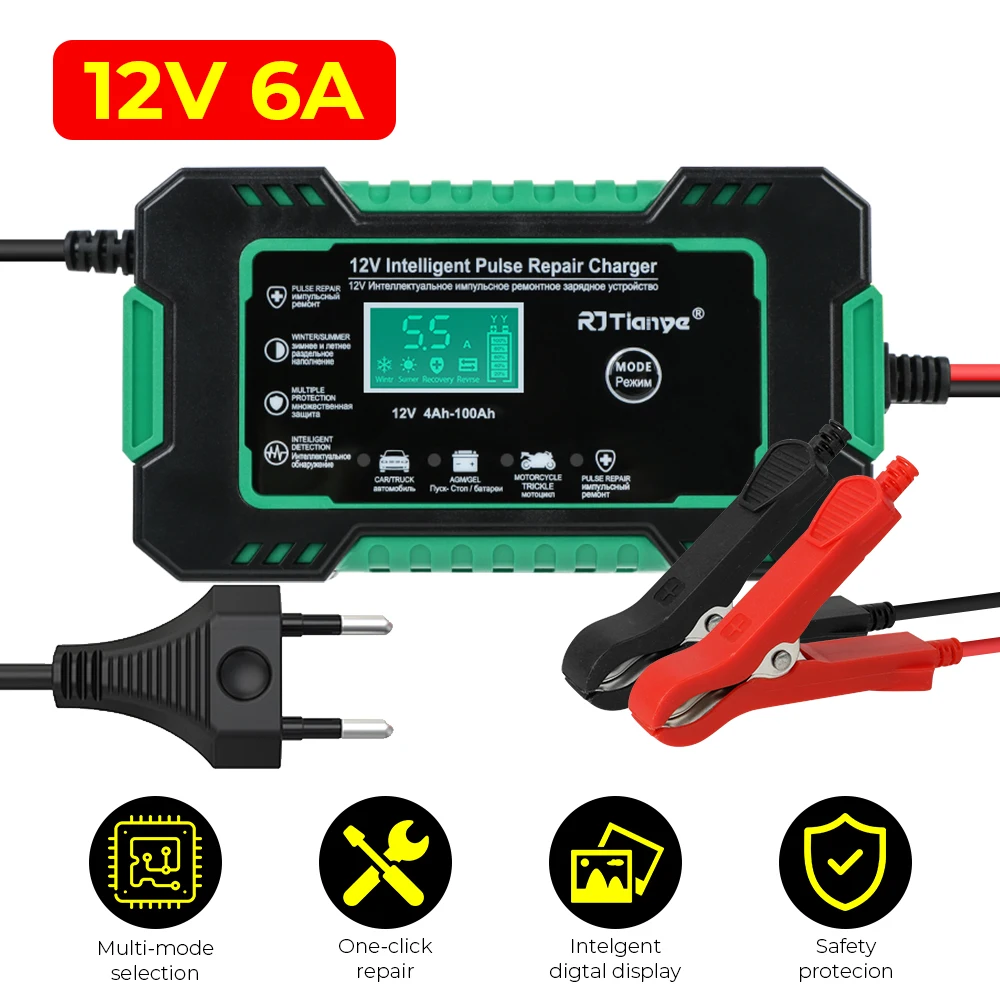 Quick Charge 12V 6A For Auto Moto Wet Dry Lead Acid AGM Gel Power Pulse Repair Car Battery Charger Universal LCD Display