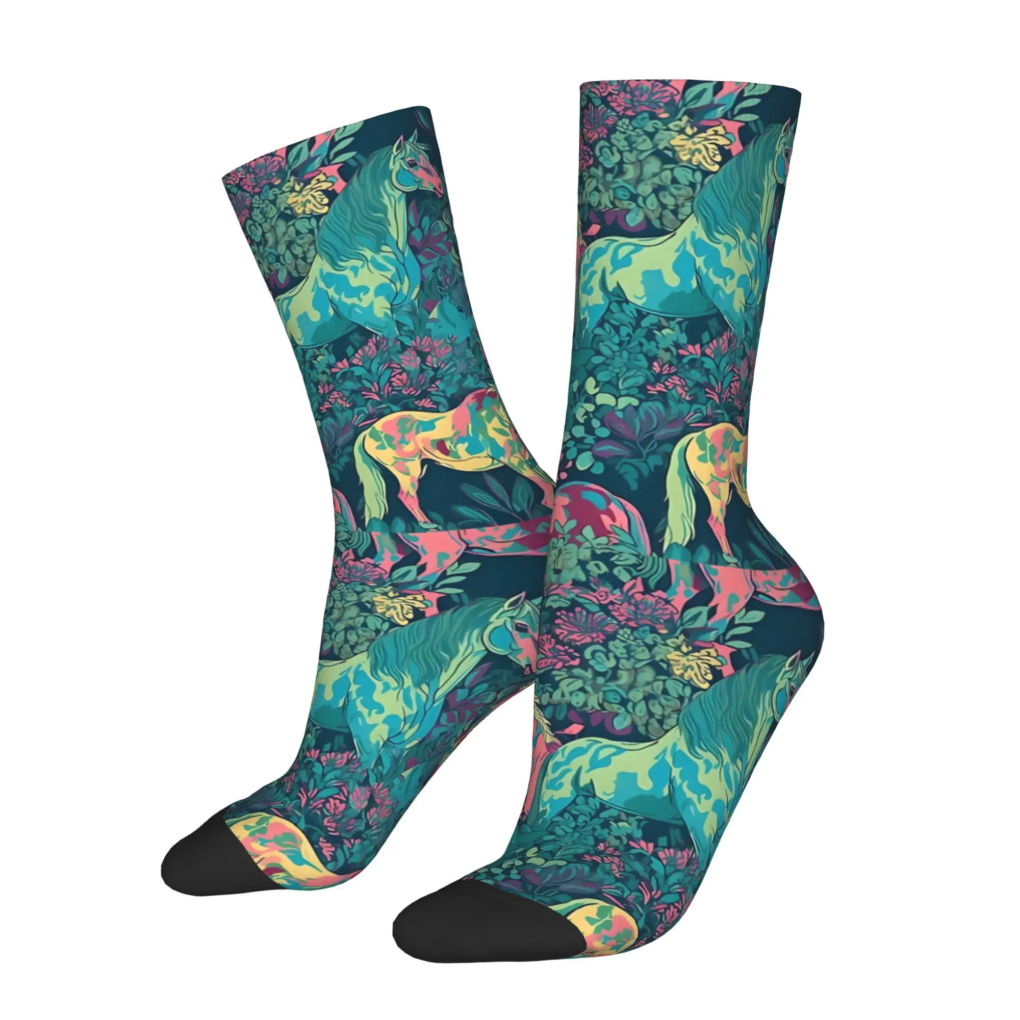 

1pc Colorful Horses In The Forest Printed Men's Socks Novelty Hip Hop Harajuku Pattern Crew Sock Casual Gift