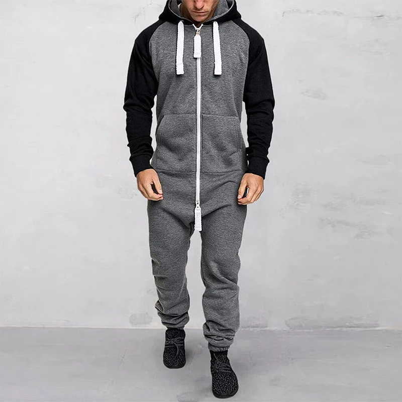 Mens Hooded Jumpsuit Contrast Zipper Front Long Sleeve Full Length Romper with Pockets Winter Fall Clothes