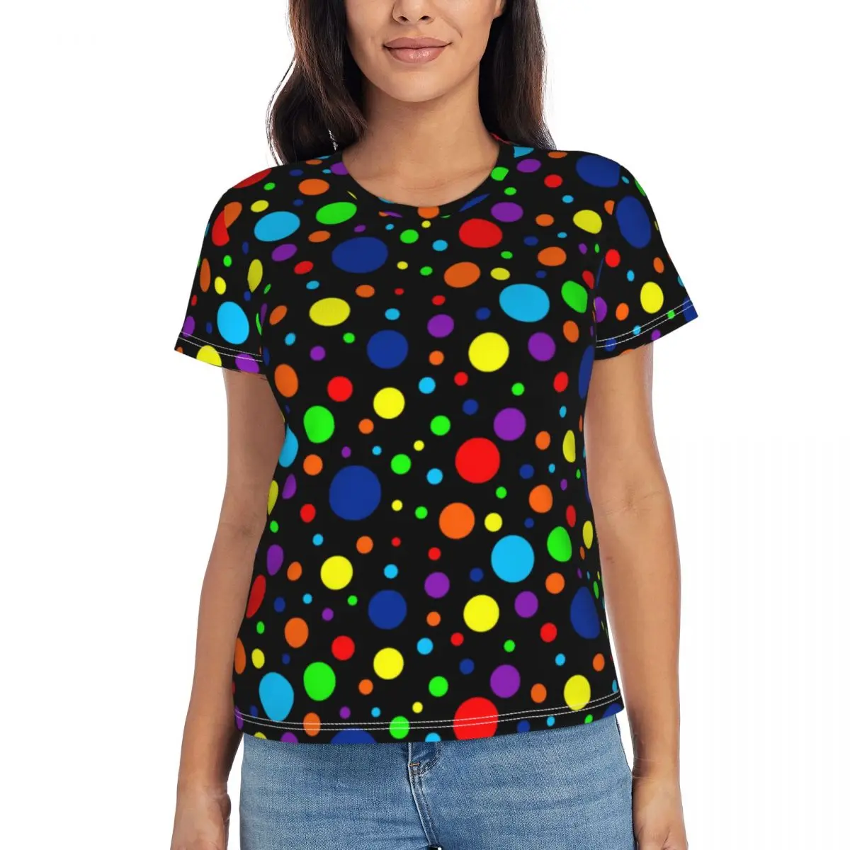 Vintage 80S Polka Dots T Shirt Womens Dark Rainbow Spots Y2K Funny O Neck T Shirts Short-Sleeve Casual Tshirt Summer Design Tees