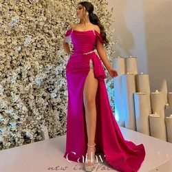 Cathy Hot Pink Mermaid Satin Fabric Prom Dress Off Shoulder Spaghetti Strao vestidos de fiesta Side High Split فساتين السهرة