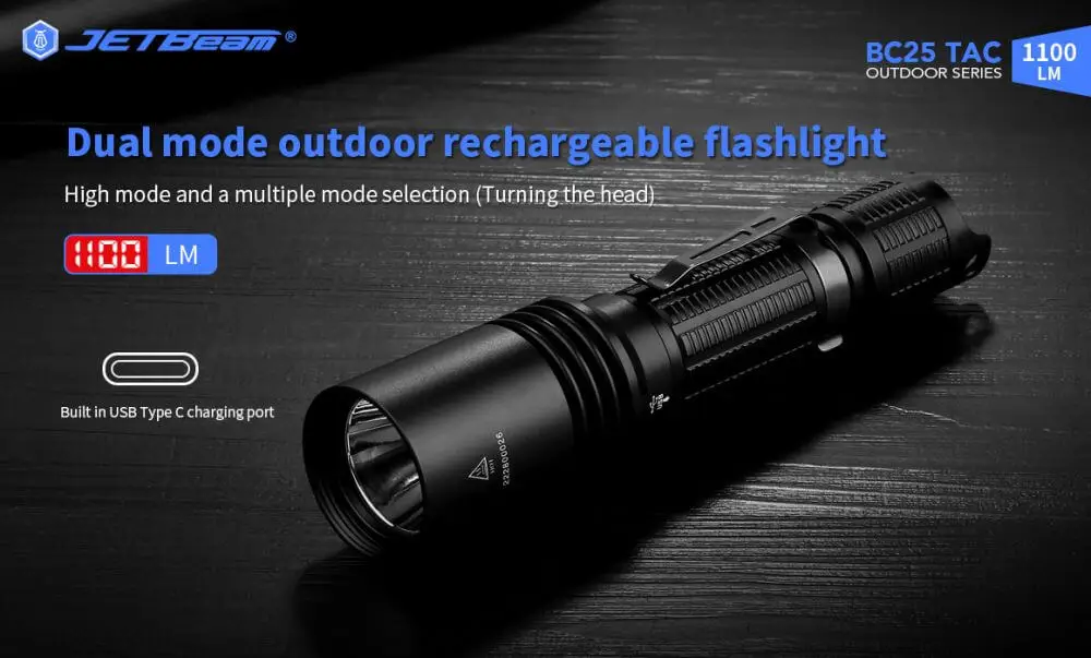 Jetbeam-Lampe de poche aste pour l'extérieur, BC25 TAC, 1100 lumens