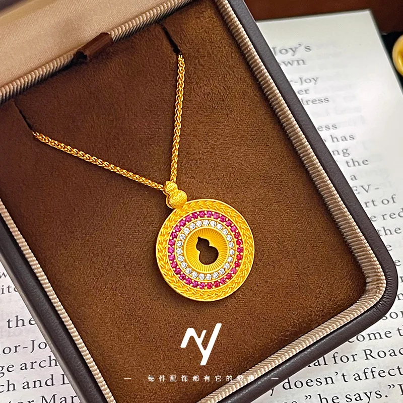 

9999 24K Real Gold Hand-dotted Wheat Ear Safety Buckle Gourd Pendant Set Chain as a Gift for Besties