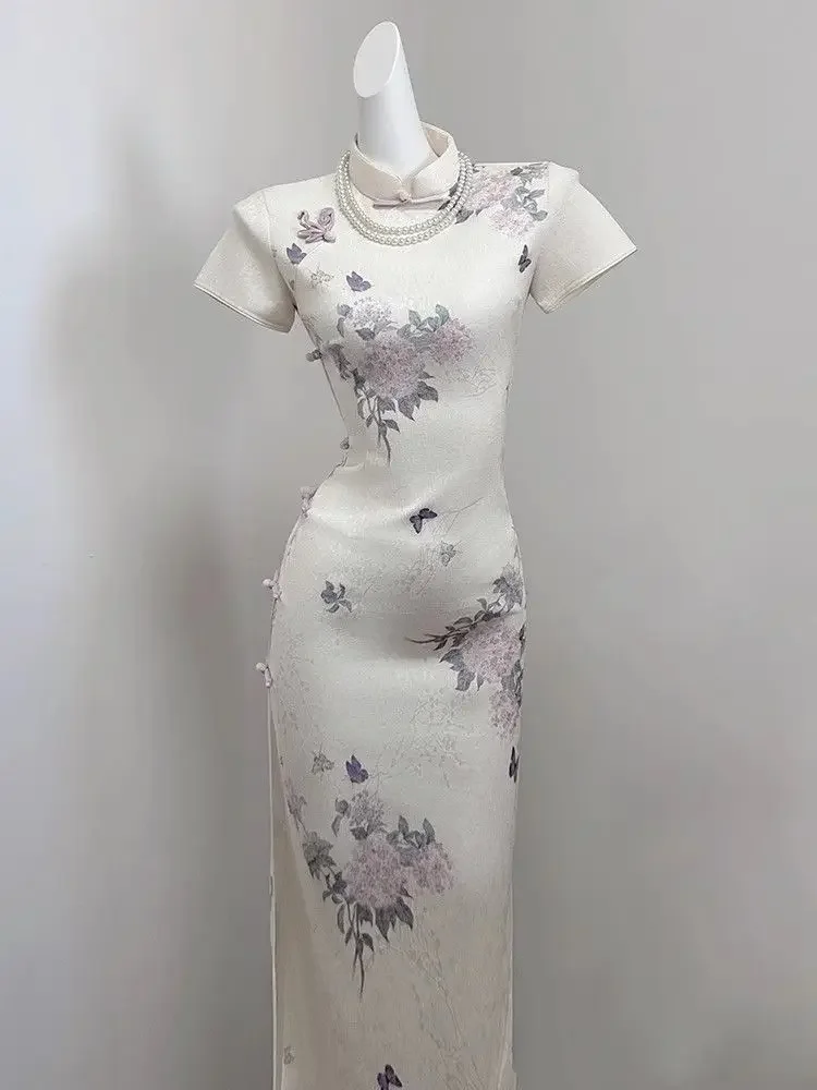 

Жаккардовое новое китайское платье Cheongsam, улучшенное повседневное винтажное платье с воротником-стойкой 2025 года, элегантное платье с цветочным принтом, летнее женское платье Ципао