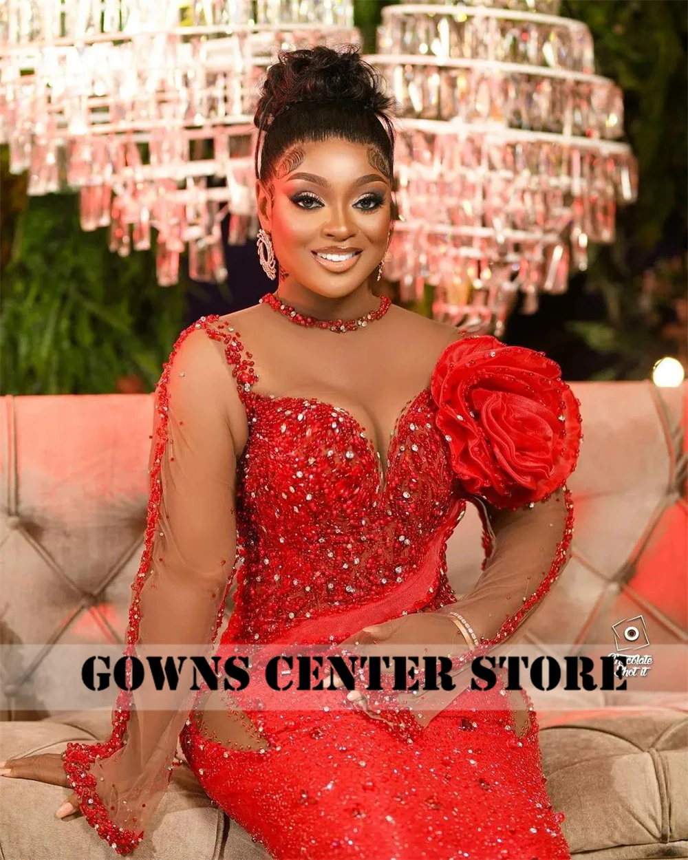 Sparkle Red Crystals Mesh Long Sleeves Aso Ebi Evening Dresses African Formal Dresses For Women 2024 Elegant Wedding Dress robe