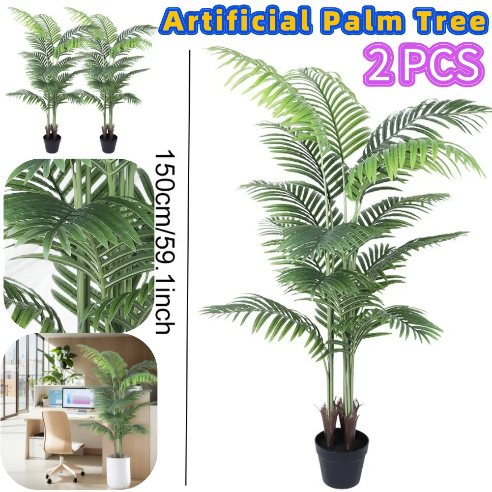 2 PCS 150CM Artificial Palm Tree Adjustable Easy to clean Green Decor 5FT Faux Tropical Palm Plant for Home Office Living Room