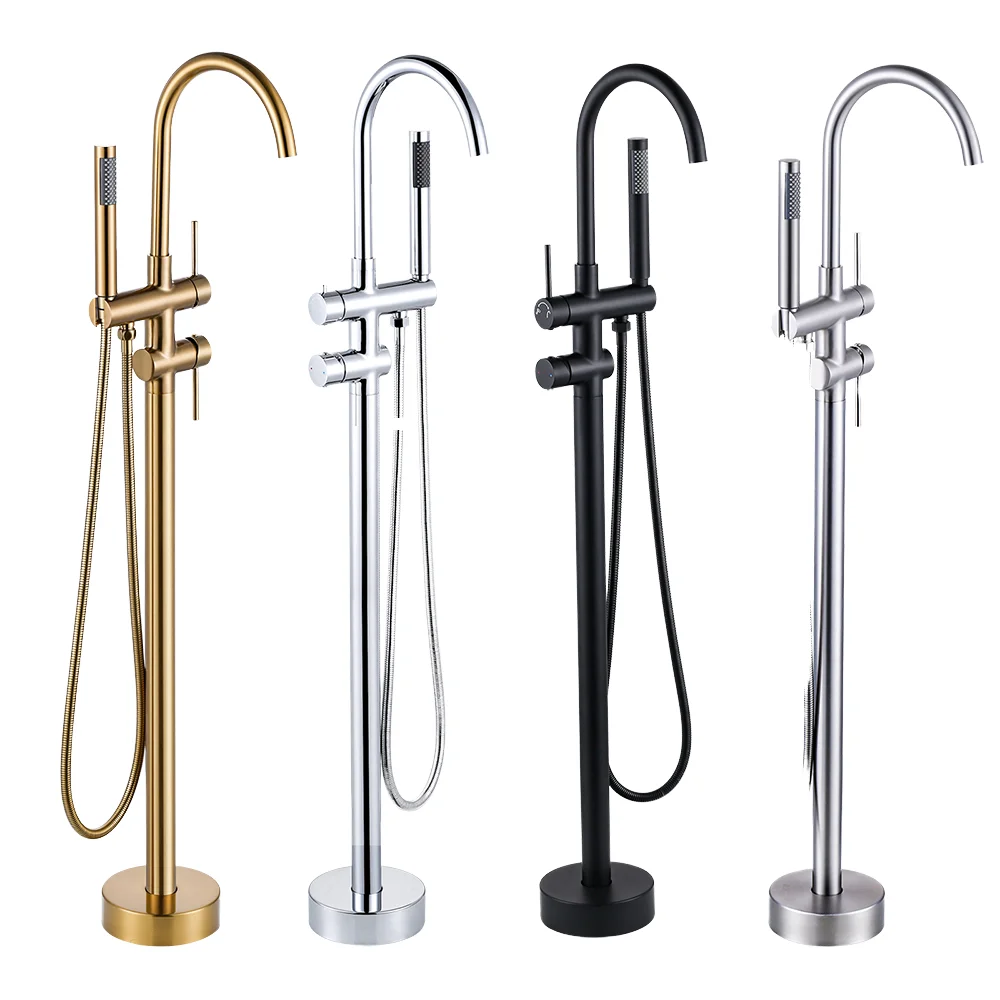 Luxury Free Standing Bath Mixer Tap Polished Surface With Multiple Spray Patterns-Soft & Rain Floor Mounted Bathtub Faucet