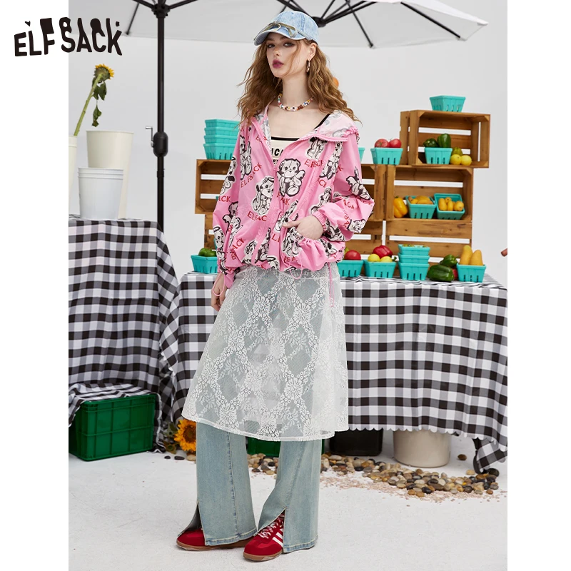 ELFSACK 2024 summer new arrival picnic travel vacation holiday soft comfortable fitted Pink full print medium length jacket crea