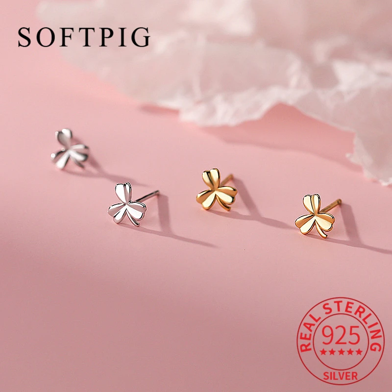 

SOFTPIG 100% 925 Sterling Silver Clover Plant Stud Earrings for Women Classic Fine Jewelry Ear Hole Care Accessories