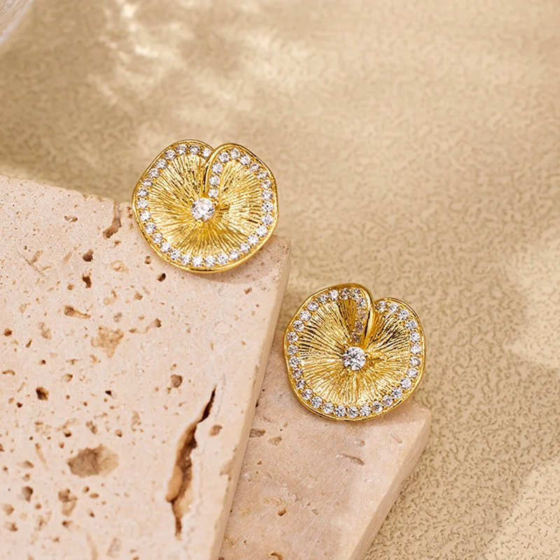 S925 Silver Brushed Lotus Leaf Stud Earrings Vintage Niche Texture Elegant Women Ear Jewelry