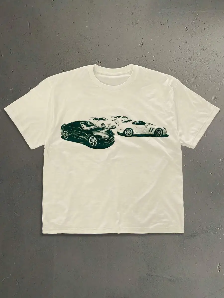 2026 Fashion New Arrival Men Graphic Tee Vintage Sports Car Negative Effect Silhouette Print Light Apricot Drop Shoulder Short Sleeve Standard Size Casual Tops Ideal For Daily Wear Casual Outing And Car Enthusiast Collection