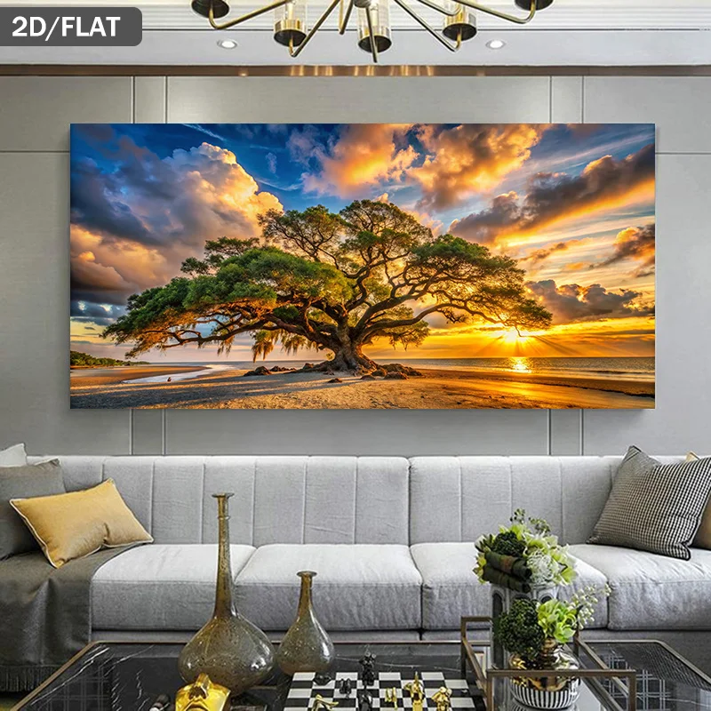 2D Flat, Frameless Canvas Art Depicting Sunset Behind A Tree on The Beach, Modern Wall Decor Perfect for Living Room and Bedroom