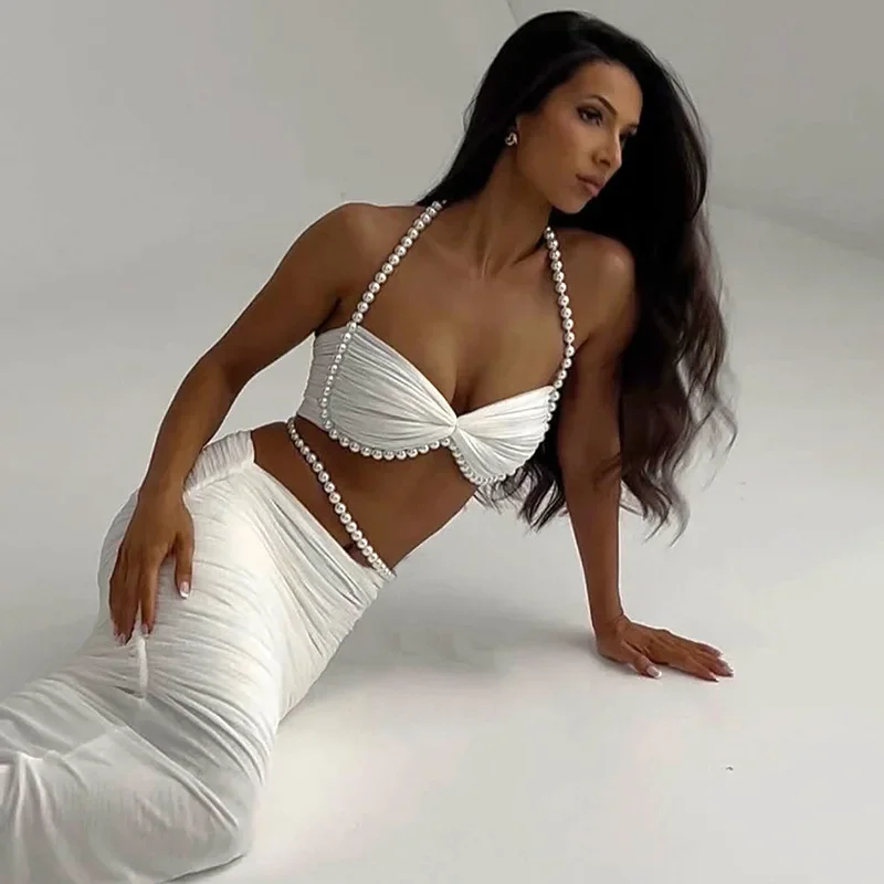 Chaxiaoa жемчужный лоскутный сексуальный женский комплект из 2 предметов, белые плиссированные укороченные кофточки + макси-юбки с низкой талией, женский трендовый наряд для отпуска