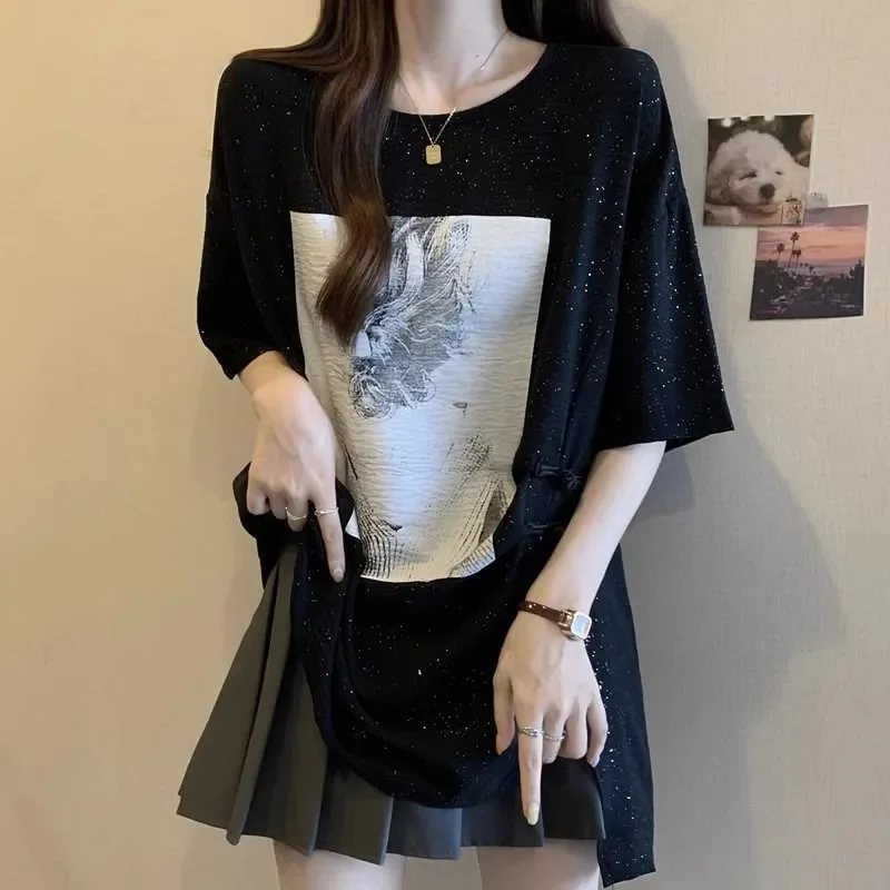 Loose Batwing Sleeve T Shirt with Film Print and Button Detail Khaki Color Summer Casual Top for Women