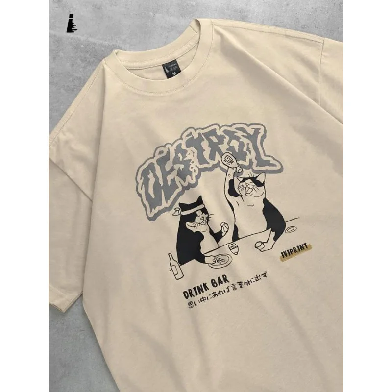 Grunge Retro Bar Cheers Cat Cartoon Print Tee Gothic Graffiti Font Japanese Slogan Loose 100% Cotton Streetwear Casual T-shirts